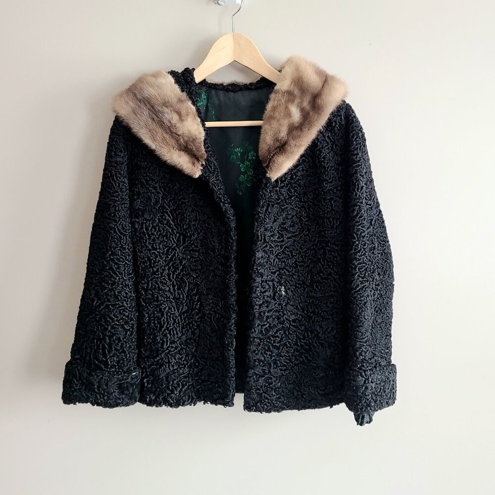 Vintage Persian Lam coat with mink collar. Real fur short jacket.